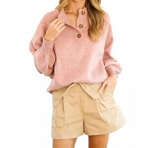 NEW VINE & LOVE ribbed mock neck button front knitted sweater in blush